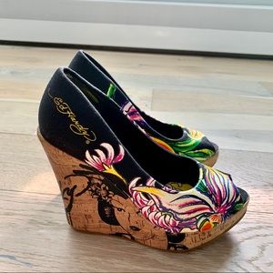 Ed Hardy Floral Geisha Design Peep Toe Wedges